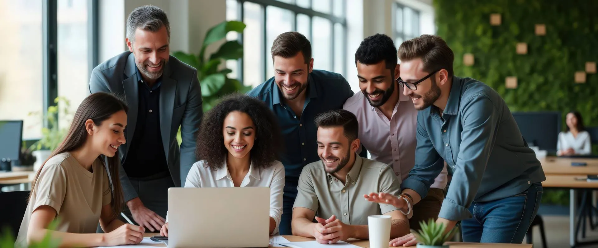 A team collaborating around a laptop